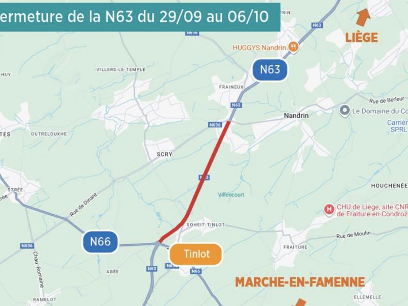 Route du Condroz (N63) totalement fermée entre Tinlot et Nandrin