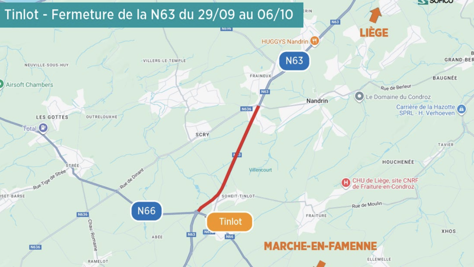 Route du Condroz (N63) totalement fermée entre Tinlot et Nandrin