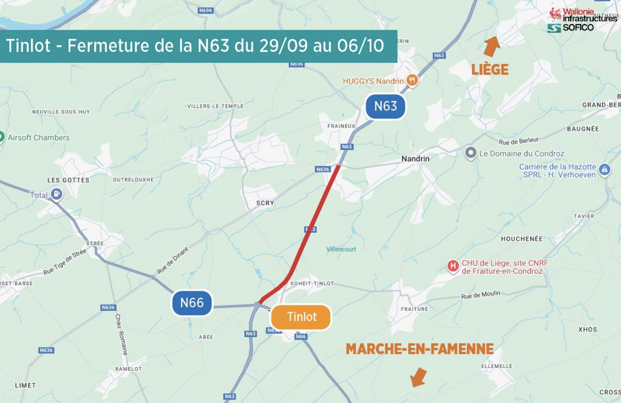 Route du Condroz (N63) totalement fermée entre Tinlot et Nandrin