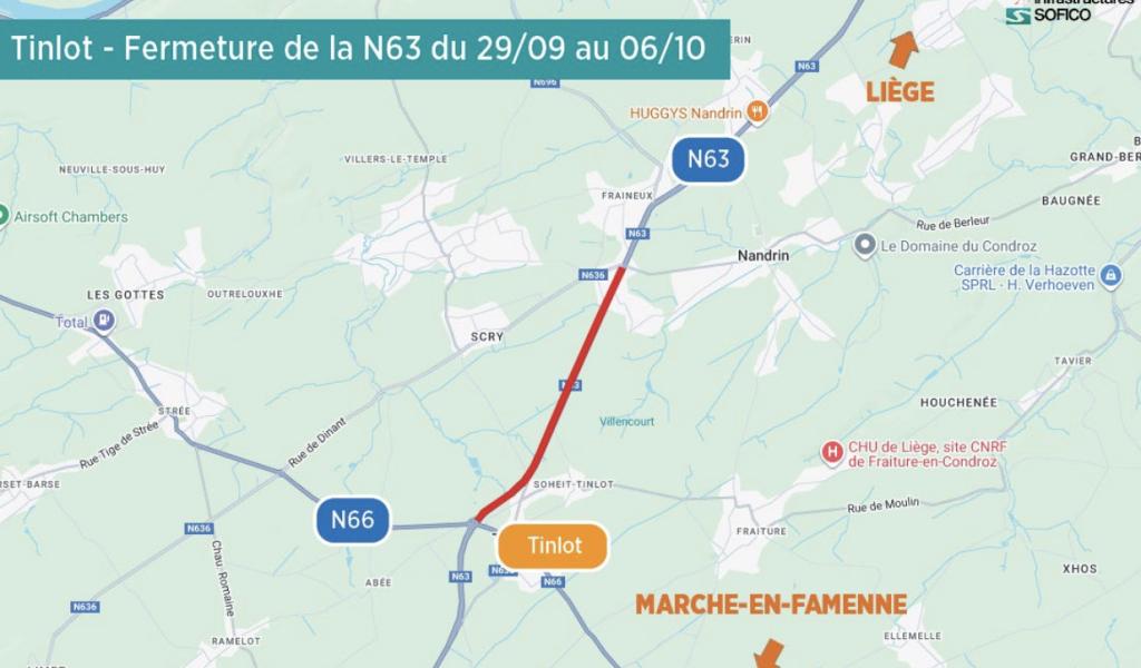 Route du Condroz (N63) totalement fermée entre Tinlot et Nandrin