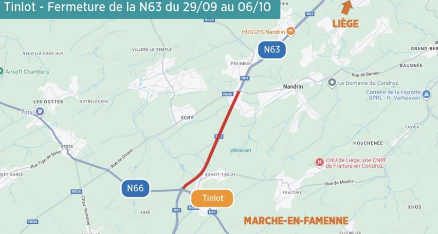 Route du Condroz (N63) totalement fermée entre Tinlot et Nandrin